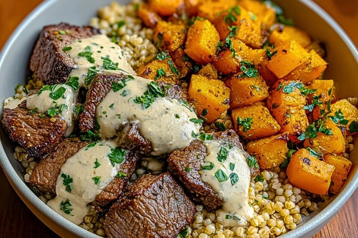Savory Butternut Squash & Garlic Herb Steak Bowls