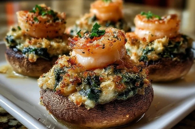 Shrimp & Crab Stuffed Mushrooms with Spinach and Parmesan