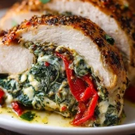 Roasted Red Pepper Spinach Mozzarella Stuffed Chicken
