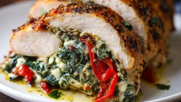 Roasted Red Pepper Spinach Mozzarella Stuffed Chicken
