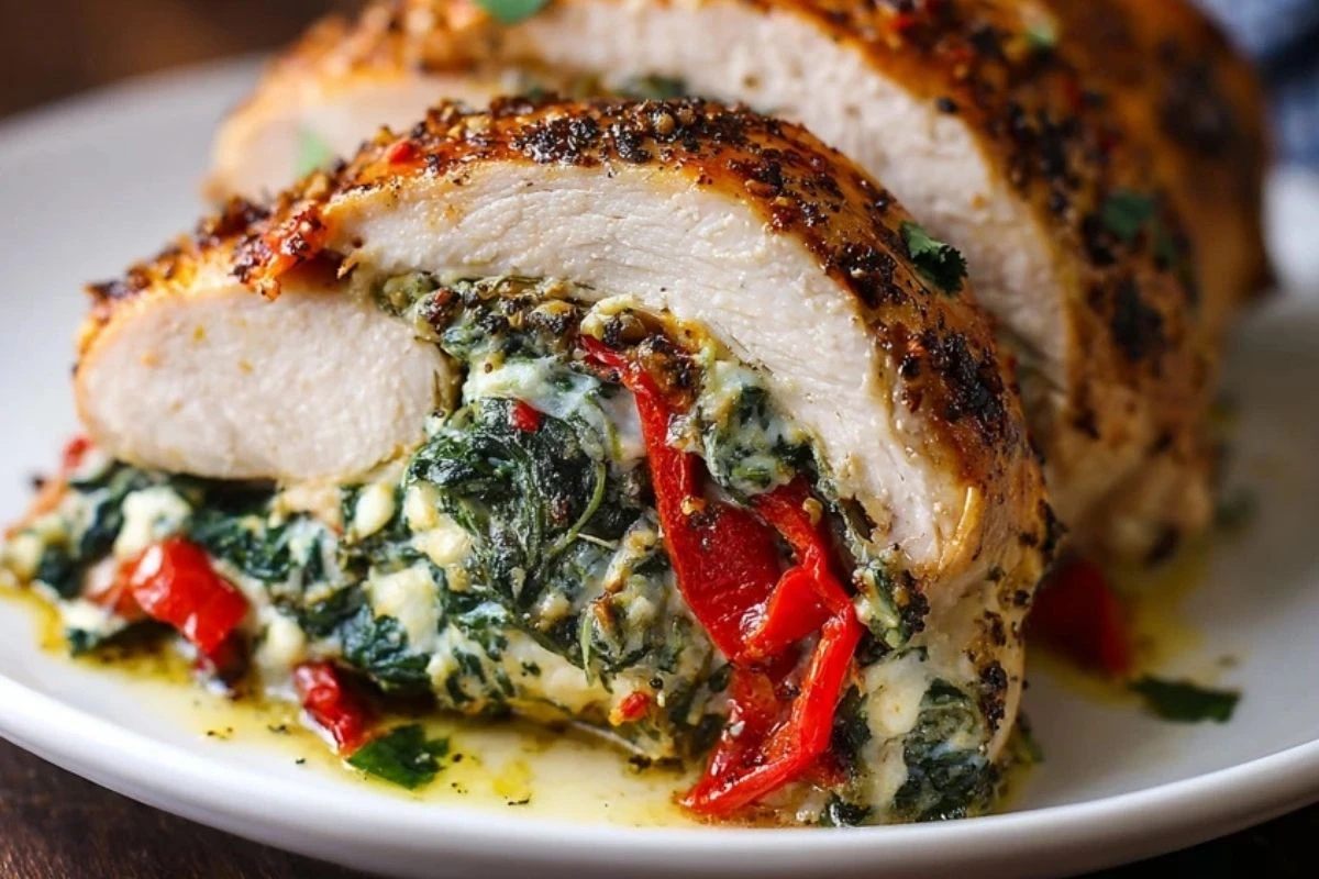 Roasted Red Pepper Spinach Mozzarella Stuffed Chicken
