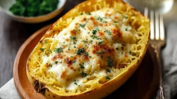 Roasted Spaghetti Squash With Alfredo Sauce and Cheese