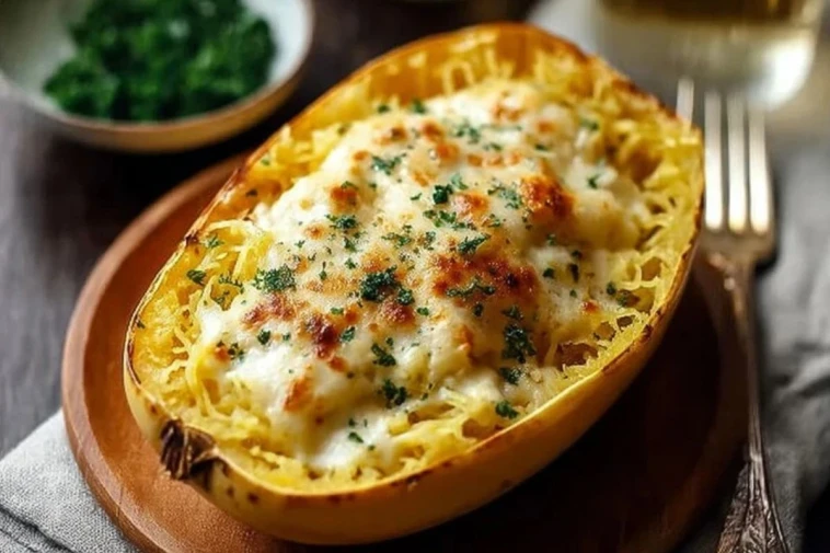 Roasted Spaghetti Squash With Alfredo Sauce and Cheese