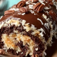 Decadent German Chocolate Coconut Pecan Roll Cake