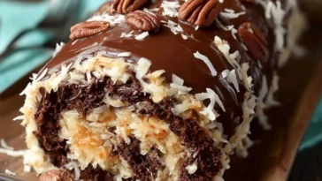 Decadent German Chocolate Coconut Pecan Roll Cake