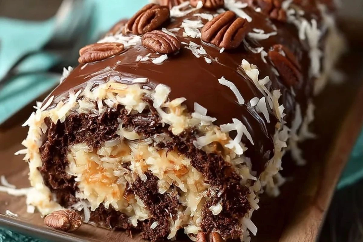 Decadent German Chocolate Coconut Pecan Roll Cake