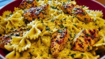 Mozzarella Garlic Butter Chicken Bowties in Cheesy Cream