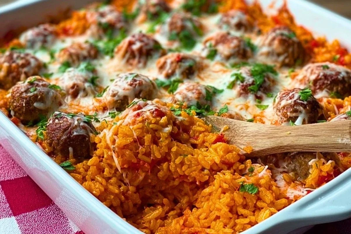 Easy Cheesy Meatball & Rice Dinner Casserole