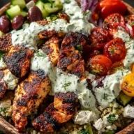 Greek Chicken Bowls with Creamy Tahini Feta Sauce