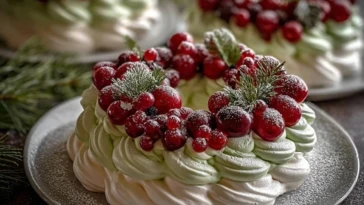 Holiday Wreath Meringues with Berries & Cream