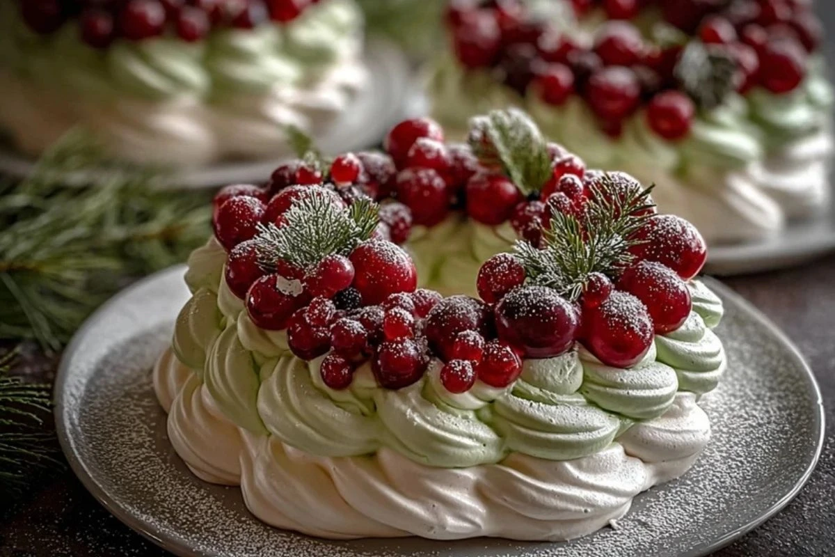 Holiday Wreath Meringues with Berries & Cream