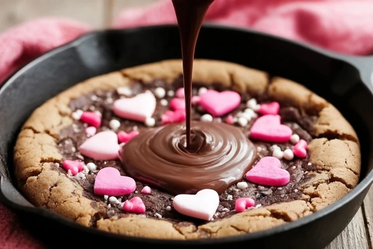Valentine's Skillet Chocolate Cookie with Heart Decorations
